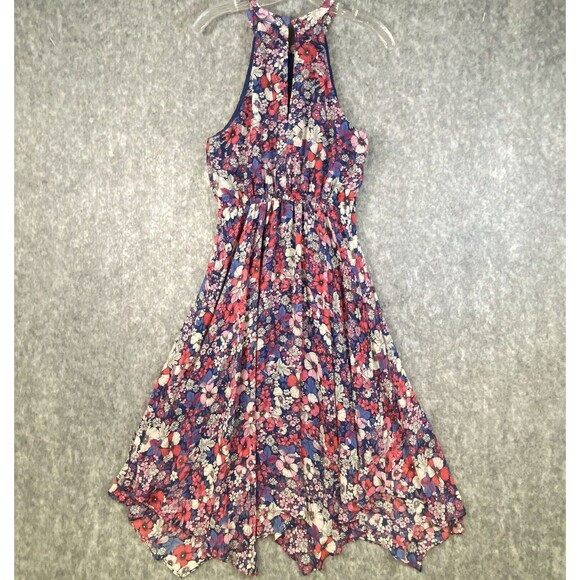 BCBG Paris Dress Womens XS Blue Pink Halter Floral Chiffon Handkerchief Hem Boho - Picture 9 of 15